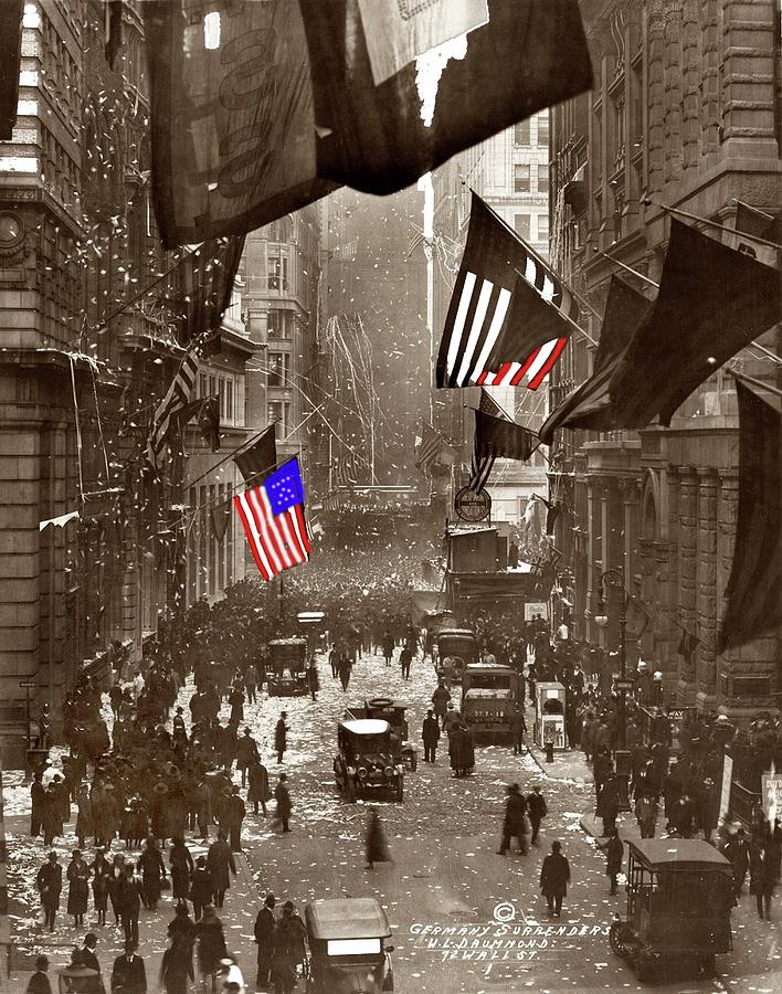 Celebrating Germanys surrender  WL Drummond photo Wall Street NYC 1918 color added 2016  Photograph by David Lee Guss