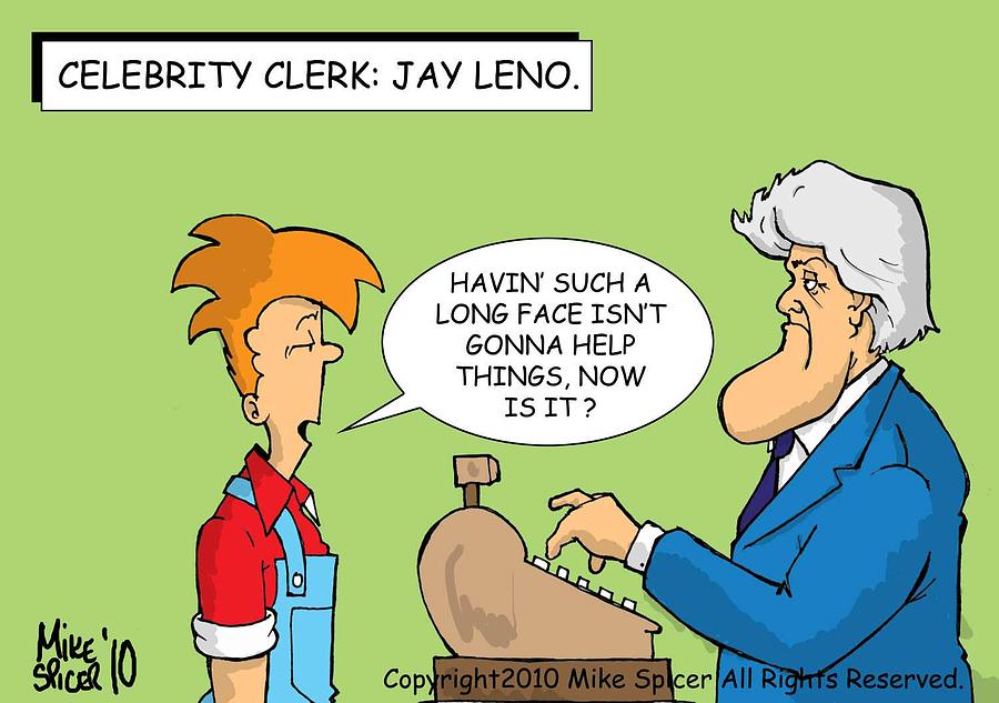 Mike Spicer Drawing - Celebrity Clerk Jay Leno by Mike Spicer