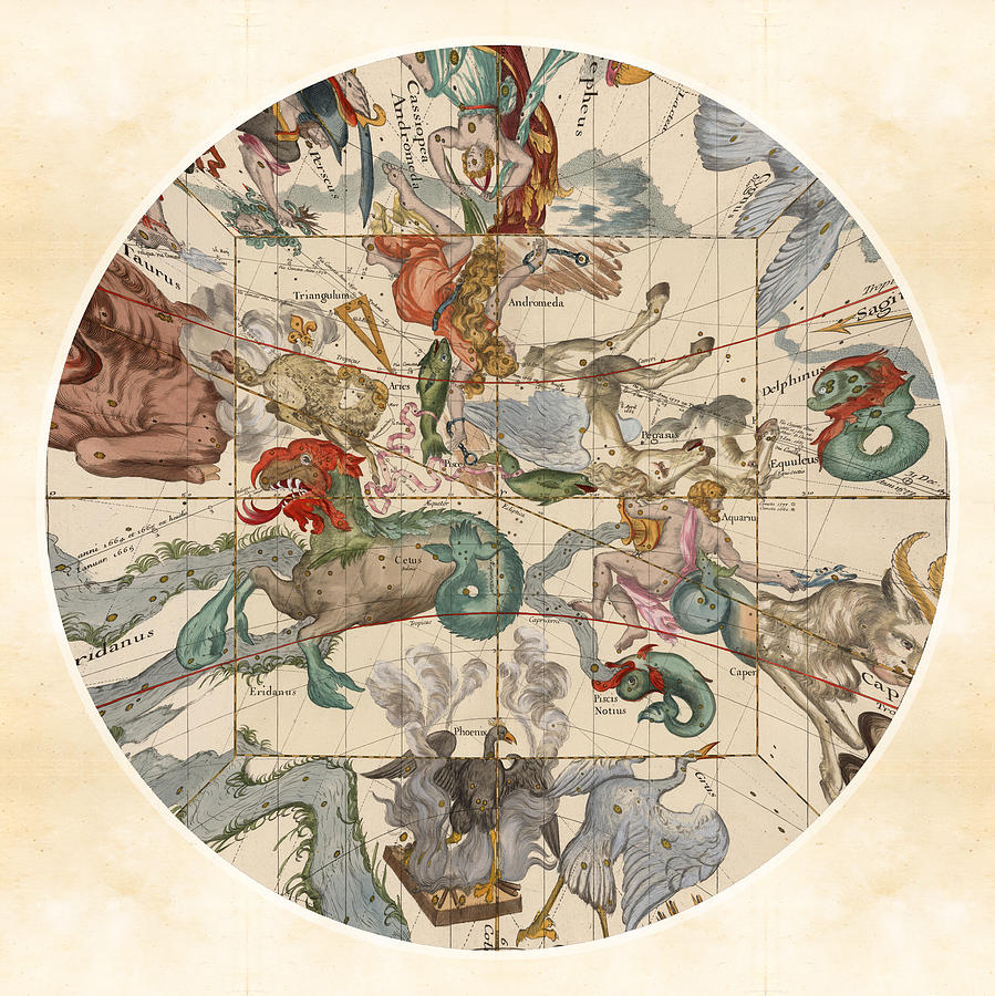 Celestial Map - Constellations - Cetus, Aries, Pegasus, Aquarius - Illustrated Map of the Sky Drawing by Studio Grafiikka