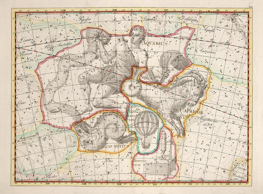 Vintage Drawing - Celestial Map - Constellations Map - Aquarius, Capricornus, Piscis Notius - Astronomical Chart by Studio Grafiikka