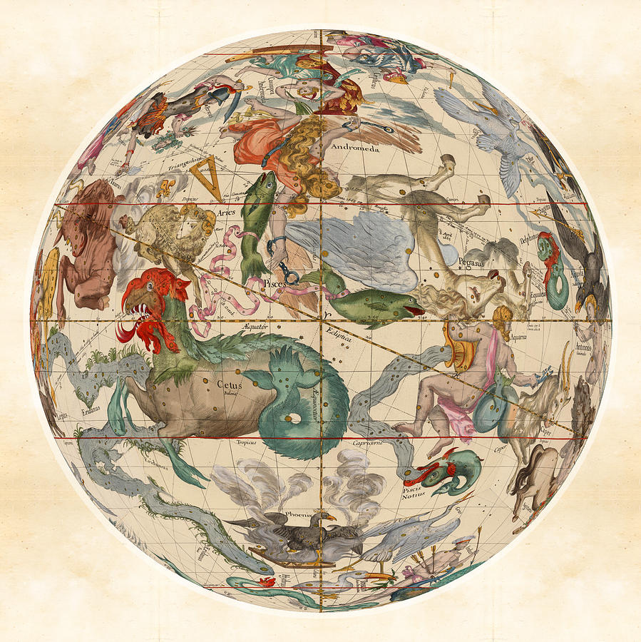 Celestial Map - Constellations - Pisces, Aries, Aquarius, Pegasus - Illustrated map of the Sky Drawing by Studio Grafiikka