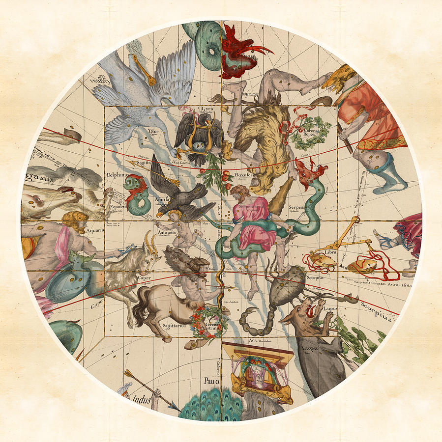 Vintage Drawing - Celestial Map - Constellations - Sagittarius, Capricorn, Scorpio, Hercules - Ilustrated map of sky by Studio Grafiikka