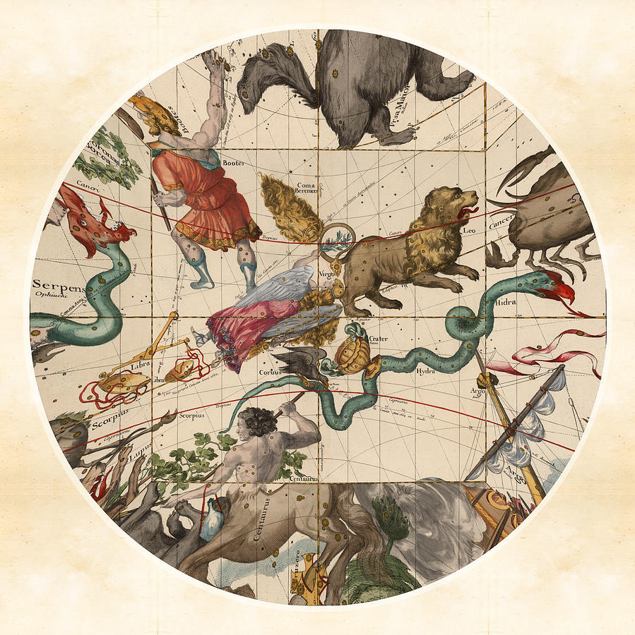 Celestial Map - Constellations - Virgo, Hydra, Leo, Libra - Illustrated map of the Sky Drawing by Studio Grafiikka