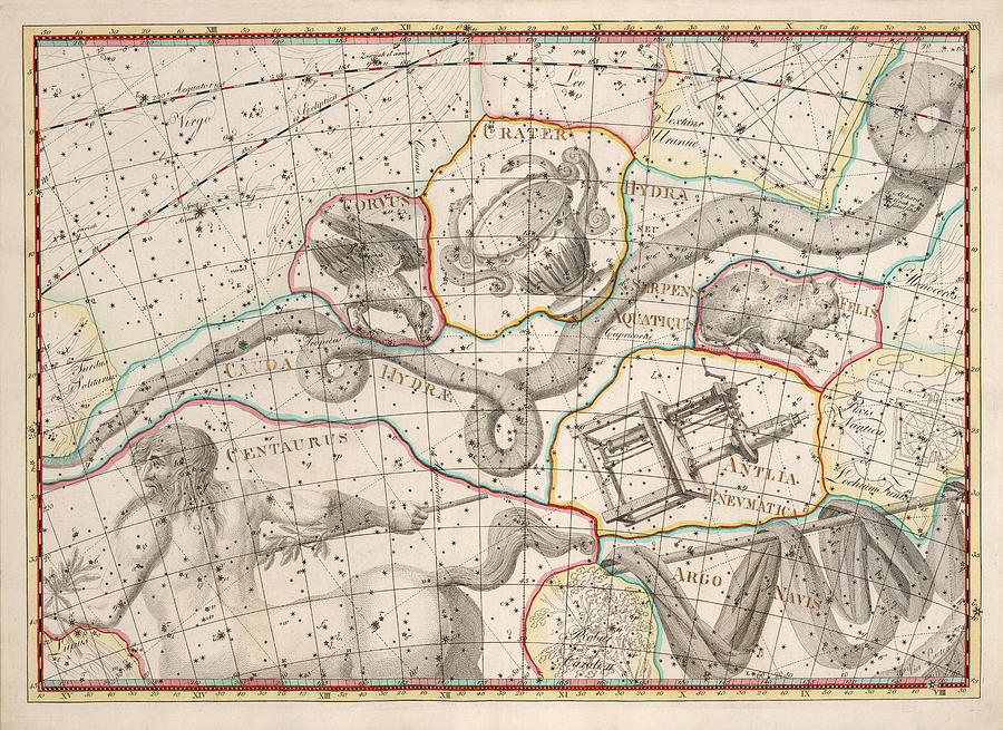 Vintage Drawing - Celestial Map - Map of the Constellations - Centaurus, Hydra, Corvus, Felis - Astronomical Chart by Studio Grafiikka