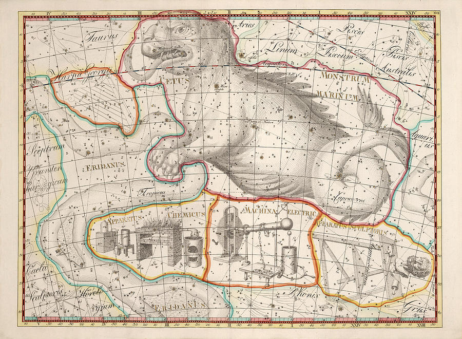 Celestial Map - Map of the Constellations - Cetus, Eridanus, Monstrum Marinum - Astronomical Chart Drawing by Studio Grafiikka