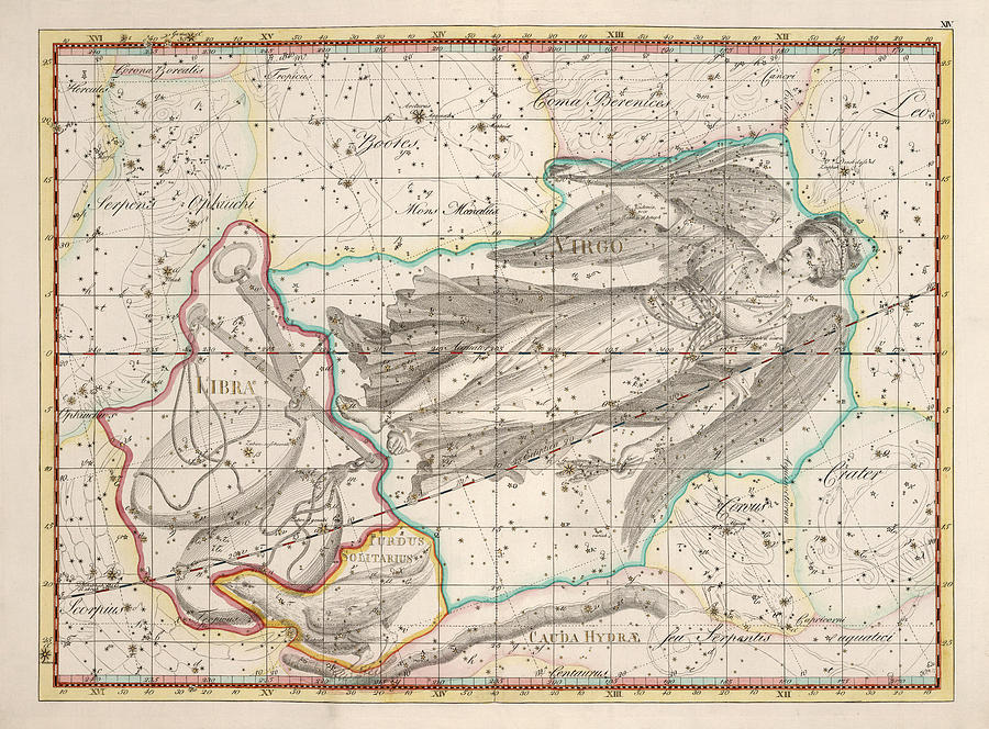 Celestial Map - Map of the Constellations - Virgo, Libra, Turdus Solitarius - Astronomical Chart Drawing by Studio Grafiikka