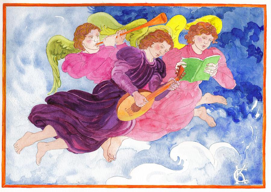 Celestial Musical Angels Serenade with Lute Horn and Song Painting by Catinka Knoth