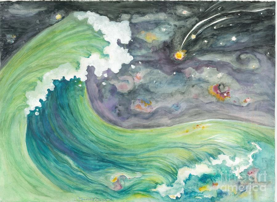 Ocean Scene Painting - Celestial Sky and  Big Wave by Lynn Maverick Denzer