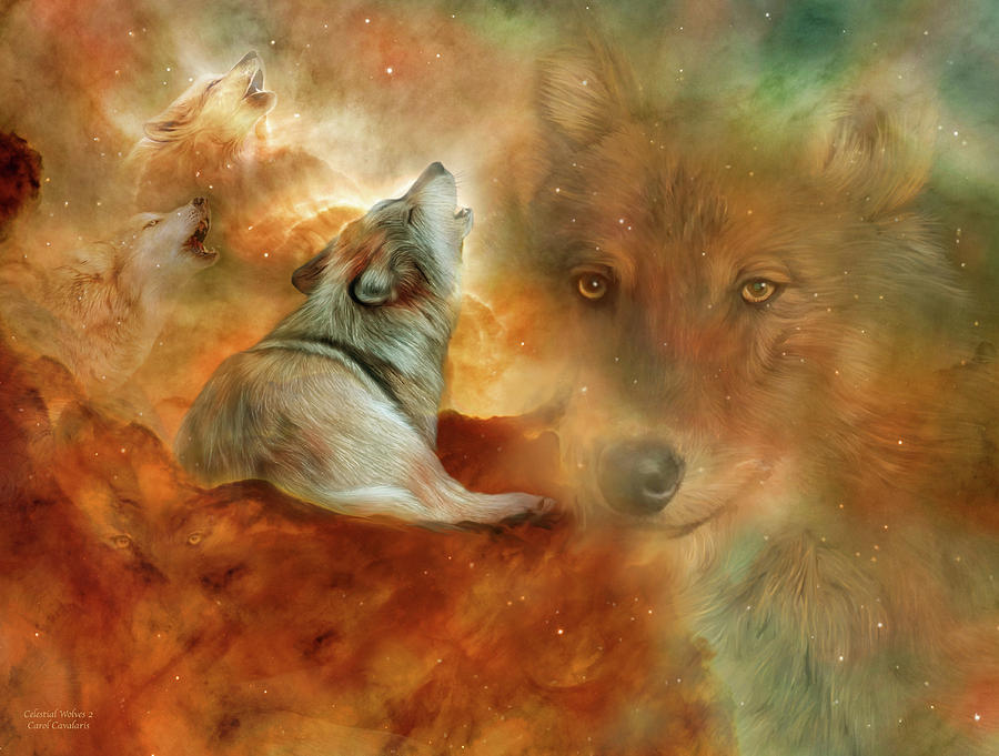 Celestial Wolves 2 Mixed Media by Carol Cavalaris