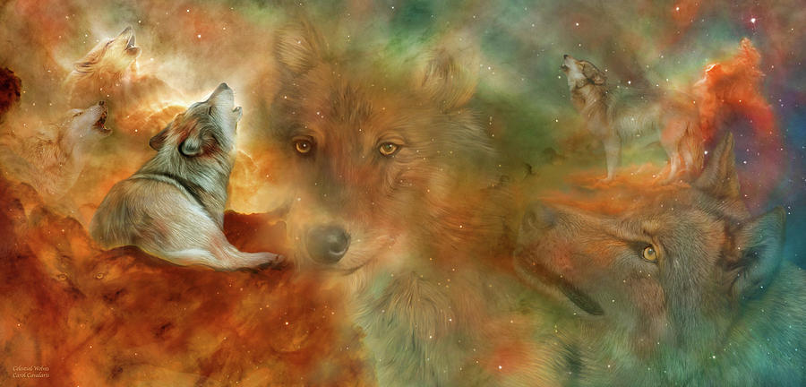 Celestial Wolves Mixed Media by Carol Cavalaris
