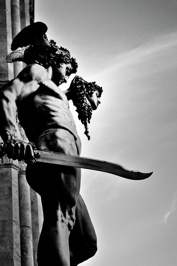 Perseus With The Head Of Medusa By Cellini. Florence, Italy. Bw Photograph