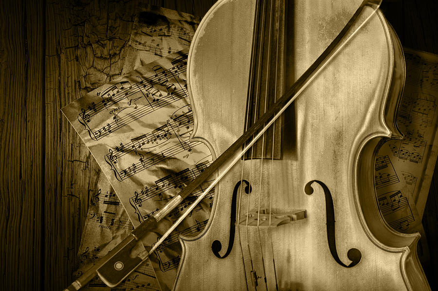 Cello Stringed Instrument with Sheet Music and Bow in Sepia Photograph by Randall Nyhof