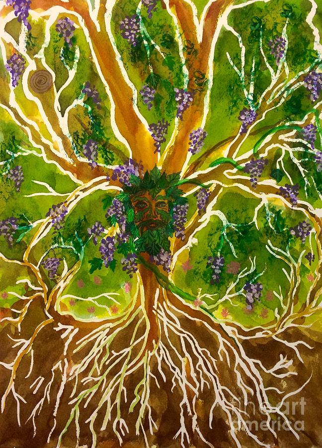 Celtic Tree of Life Green Man Painting by Ellen Levinson
