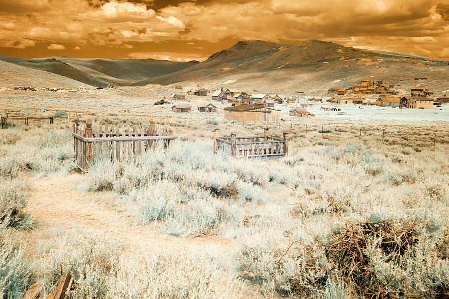 Cemetery and town in Bodie, California in infrared Photograph by Karen Foley