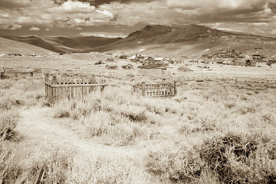 Cemetery and town in Bodie, California in sepia Photograph by Karen Foley