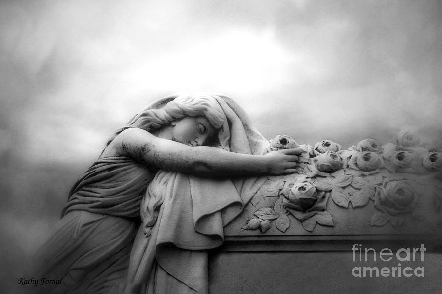 Grave Photograph - Cemetery Grave Mourner Black White Surreal Coffin Grave Art - Angel Mourner Across Rose Coffin by Kathy Fornal