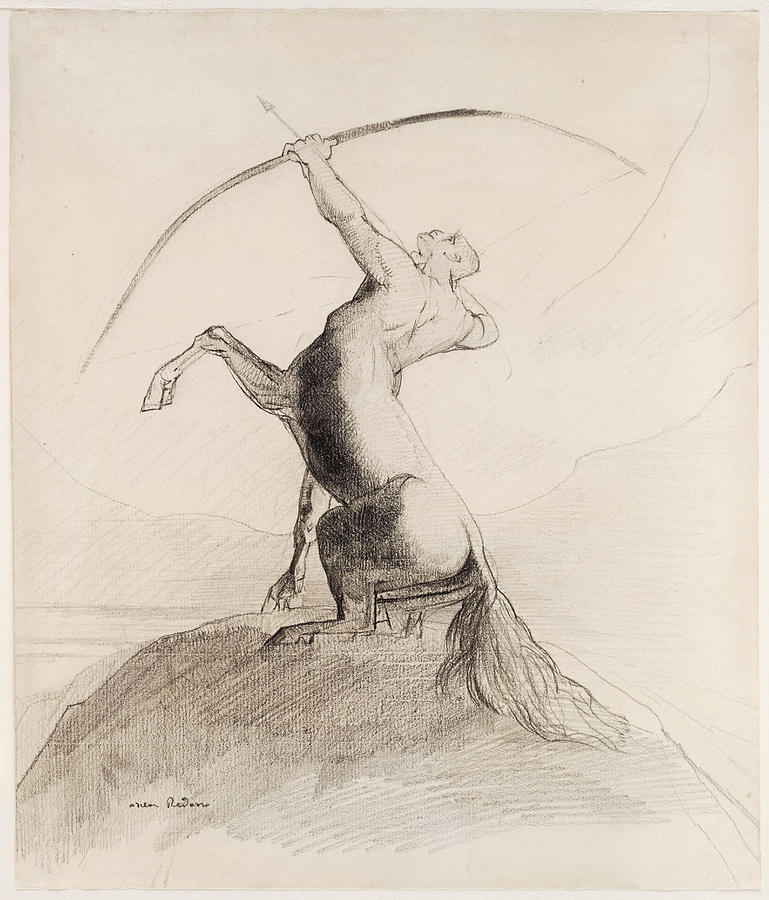 Odilon Redon Drawing - Centaur Aiming at the Clouds by Odilon Redon