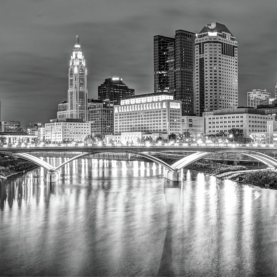 Columbus Skyline Photograph - Center Panel 2 of 3 - Columbus Ohio Skyline at Night in Black and White by Gregory Ballos