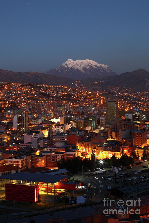 Central La Paz and Mt Illimani at Dusk Bolivia Photograph by James Brunker