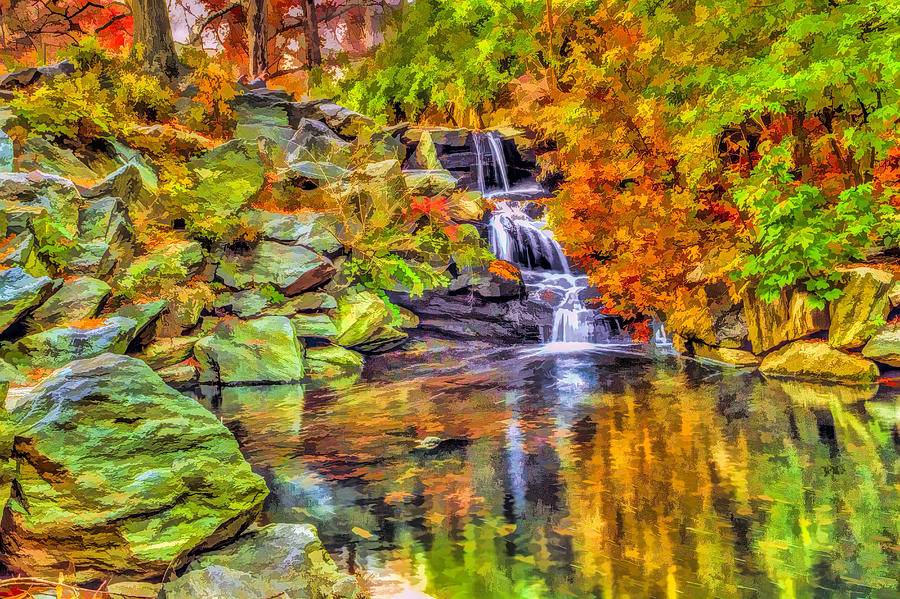 Central Park New York City Waterfall In Autumn Painting