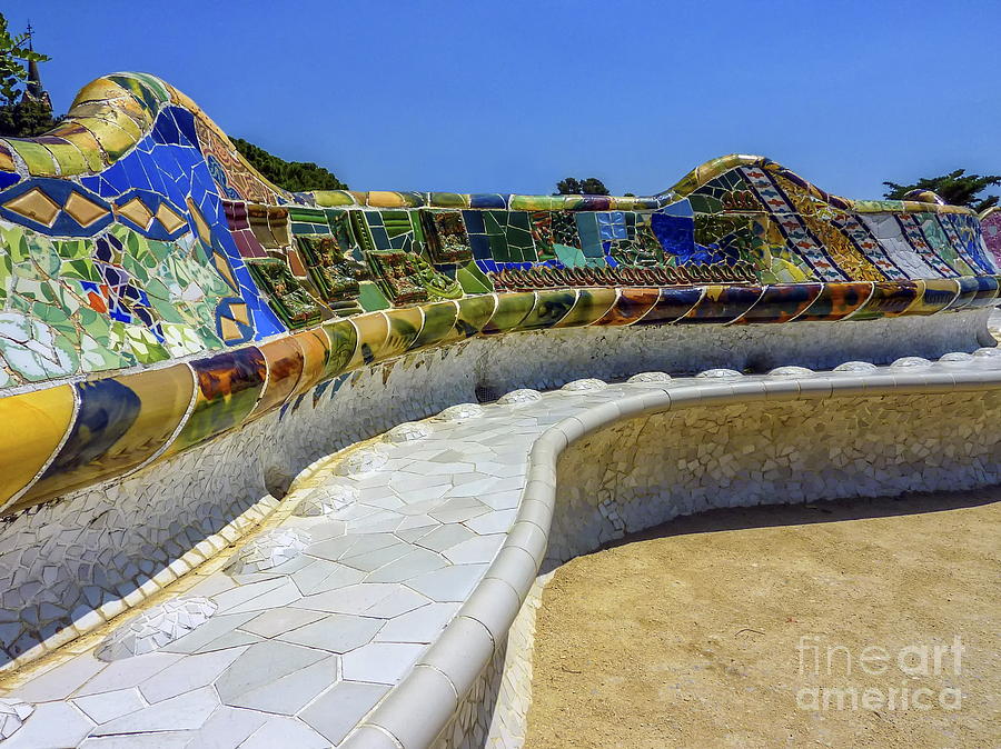 Ceramic bench at the Parc Guell designed by Antoni Gaudi, Barcelona, Spain. Photograph by Elenarts - Elena Duvernay photo