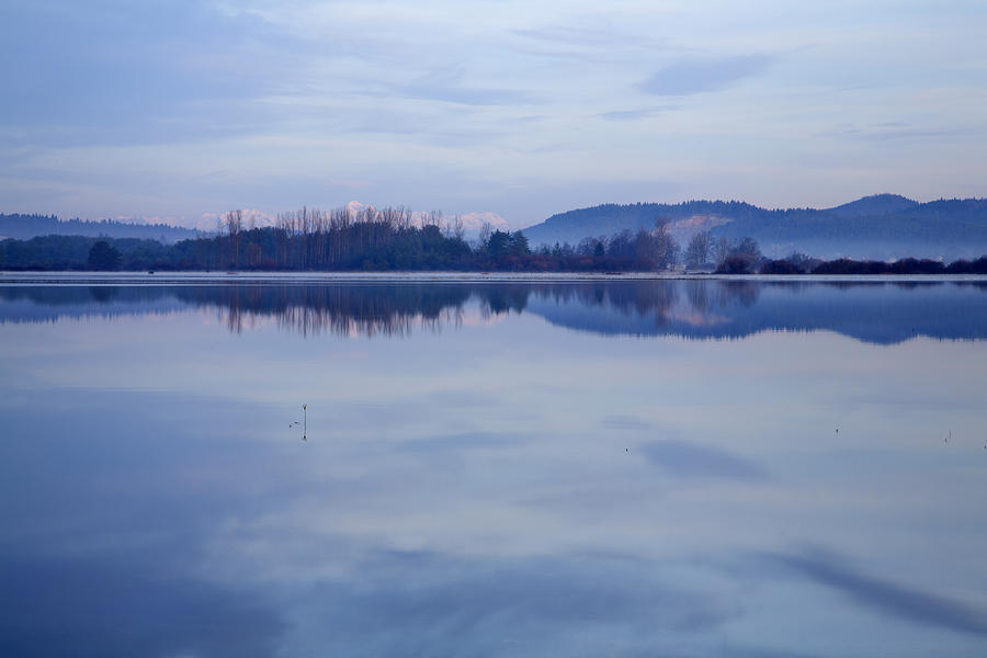 Cerknica lake at dawn with snow covered alps in background Photograph by Ian Middleton