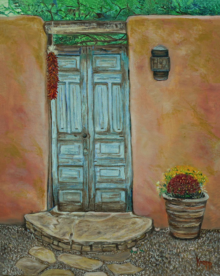 Cerrillios Blue Door Painting by Kathy Knopp