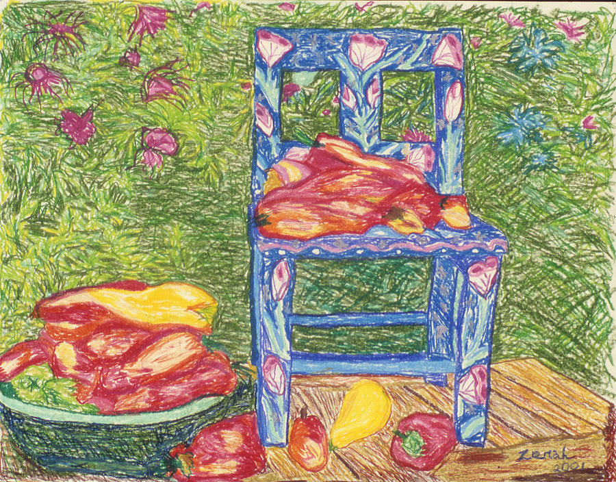Vegetable Painting - Blue Chair with Peppers by Lorin Zerah