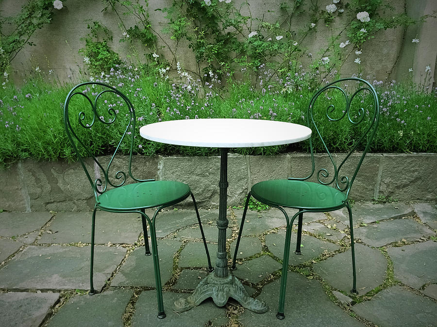 Flower Photograph - Chairs and table in a magic summer garden  by GoodMood Art