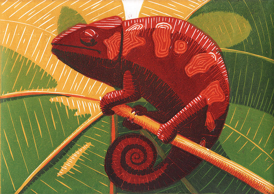 Woodcut Painting - Chameleon by Daniel Ribeiro