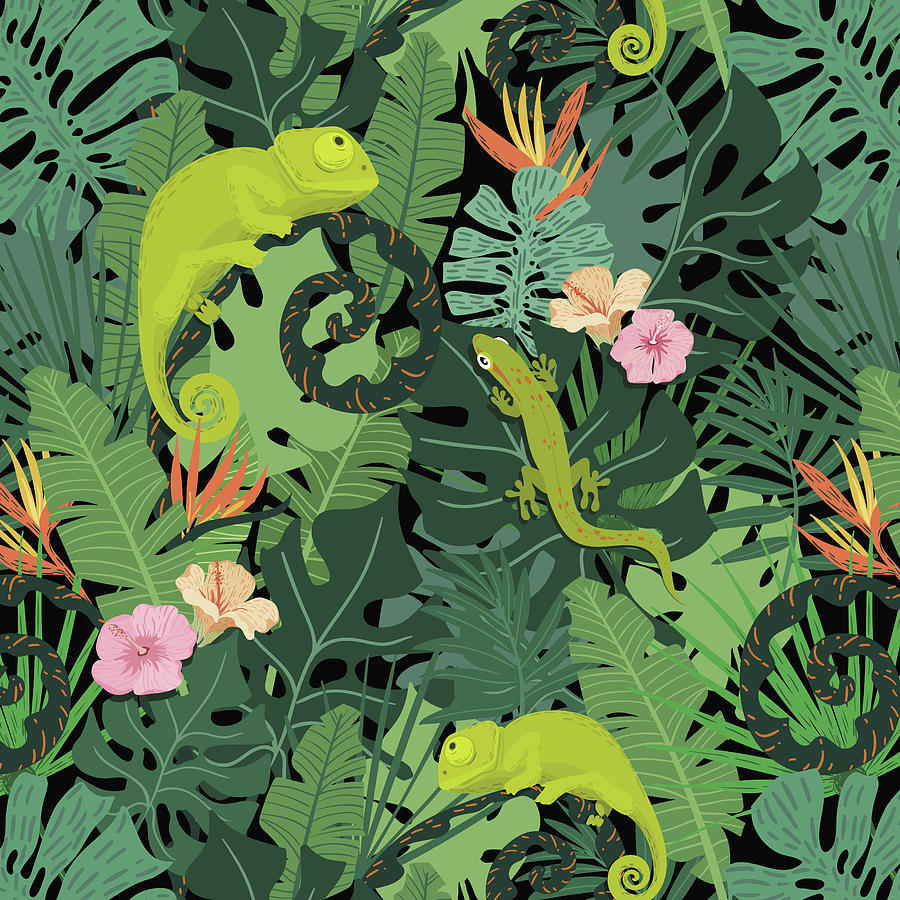 Jungle Painting - Chameleons And Salamanders In The Jungle Pattern by Little Bunny Sunshine