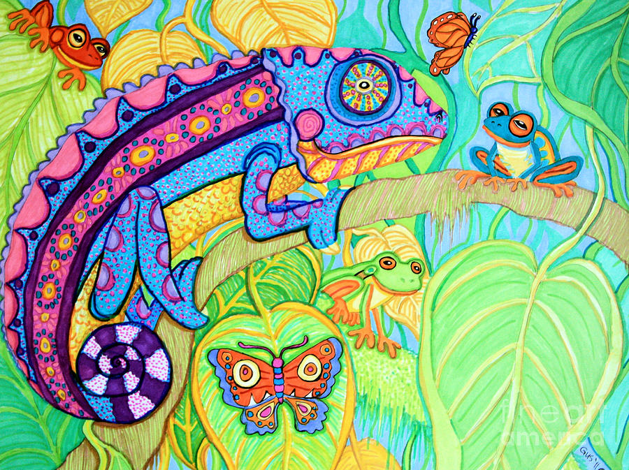 Chamelion and Rainforest Frogs Drawing by Nick Gustafson