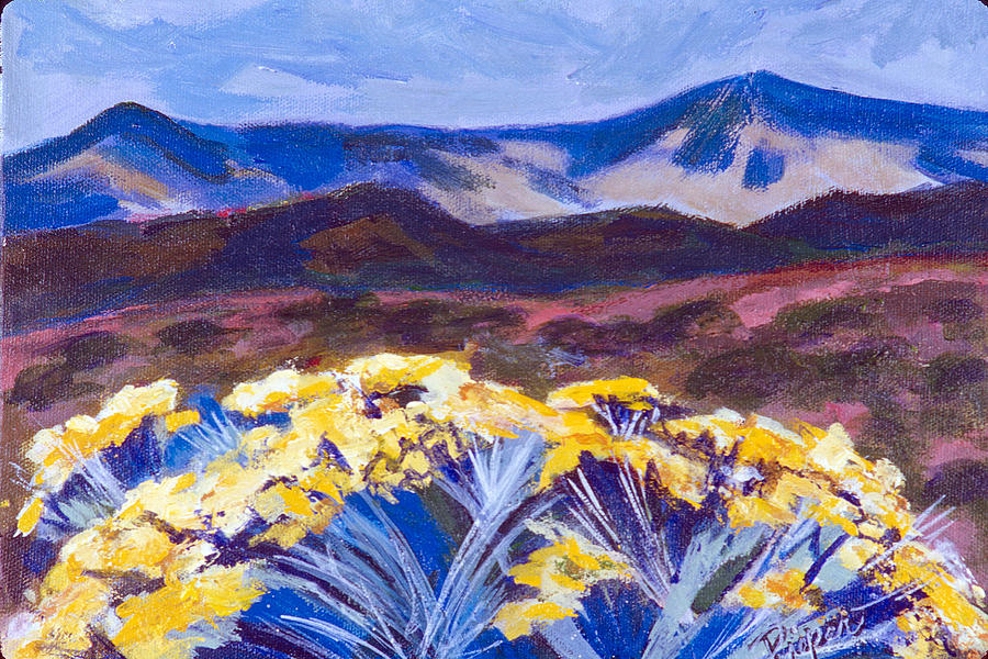 Chamisa and Mountains of Santa Fe Painting by Betty Pieper