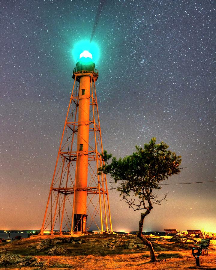 Chandler Hovey Light Tower at night Marblehead MA Tree Photograph by Toby McGuire