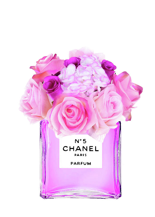 Chanel No.5 With Pink Roses Digital Art by Del Art