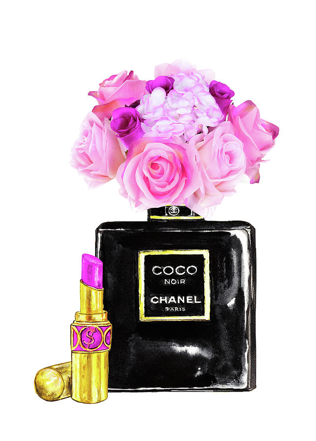 Chanel Noir Perfume With Roses Painting by Del Art