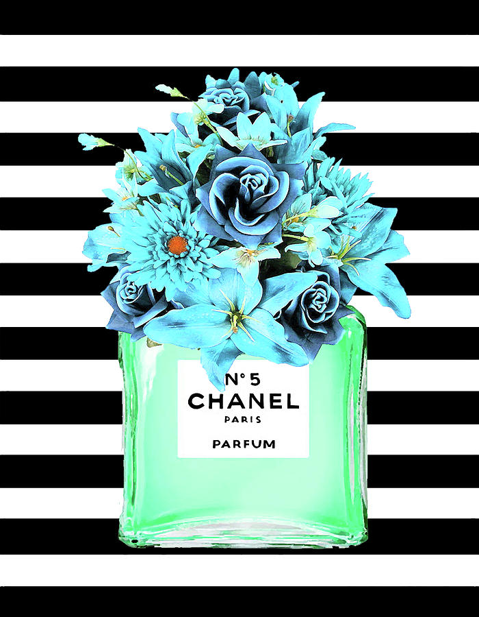 Chanel Nr.5 Green With Blue Flowers Digital Art by Del Art