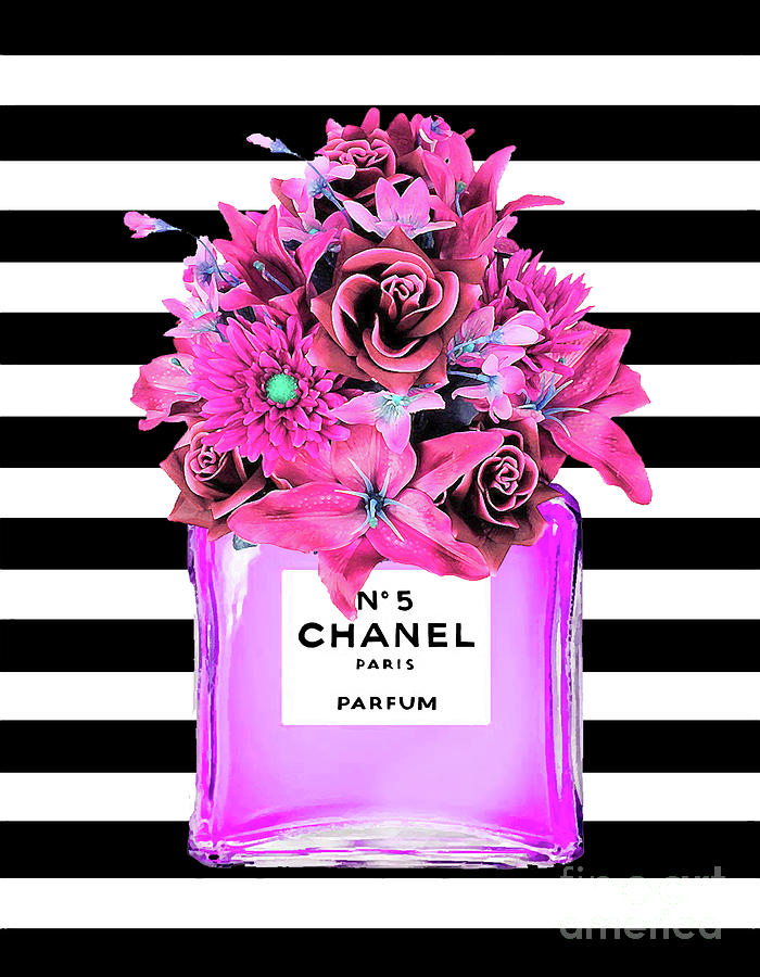 Chanel Nr.5 Pink With Pink Flowers Mixed Media by Del Art