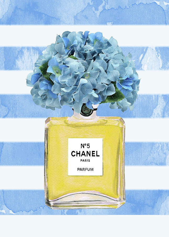 Chanel Perfume Nr 5 With Blue Hydragenias 2 Painting by Del Art