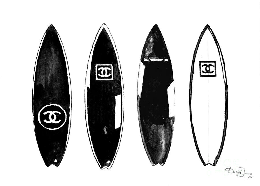 Chanel Surfboard Black And White Painting by Del Art