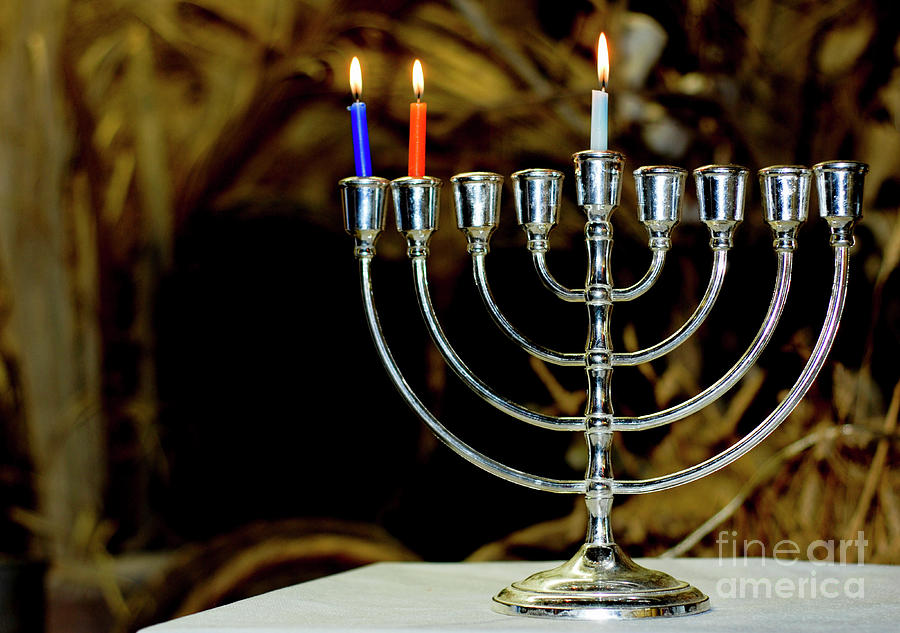 Hanukkah Photograph - Chanukia with 3 candles for day 2 by Amir Paz