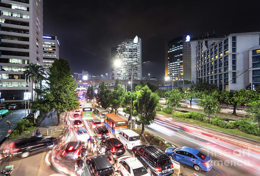Chaotic traffic jam in Jakarta at night, Indonesia Photograph by Didier Marti