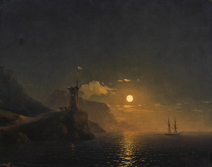 Chapel by the coast on a moonlit night Painting by Ivan Konstantinovich Aivazovsky