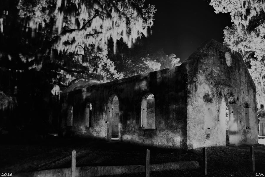Chapel Of Ease St. Helena Island At Night Black And White Photograph by Lisa Wooten