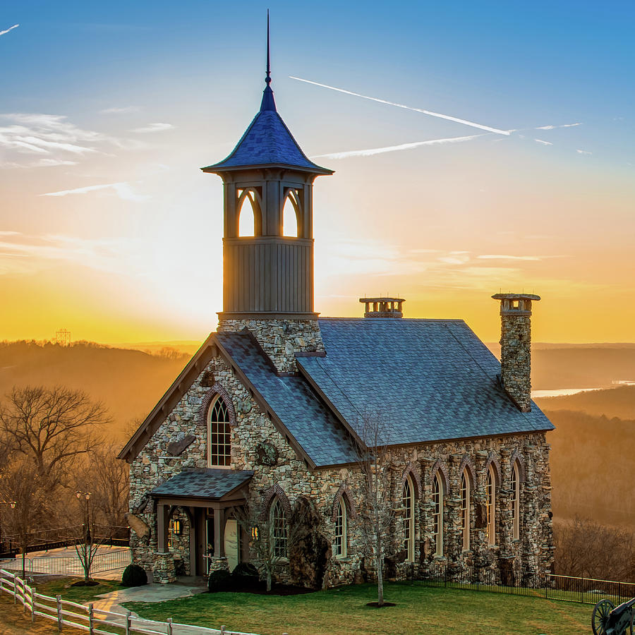 Sunset Photograph - Chapel of the Ozarks - Top of the Rock Sunset 1x1  by Gregory Ballos