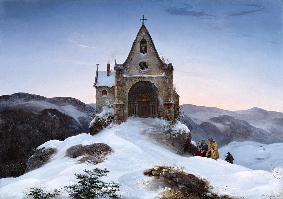 Chapel on a mountain in winter Painting by Ernst Ferdinand Oehme