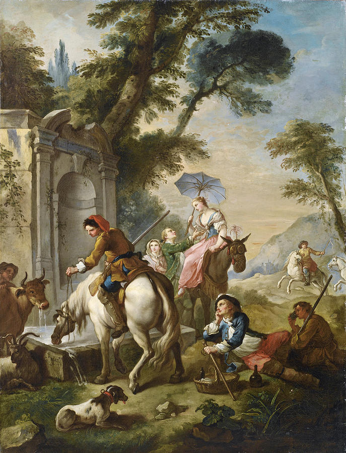 Characters resting near a Fountain Painting by Charles-Joseph Natoire