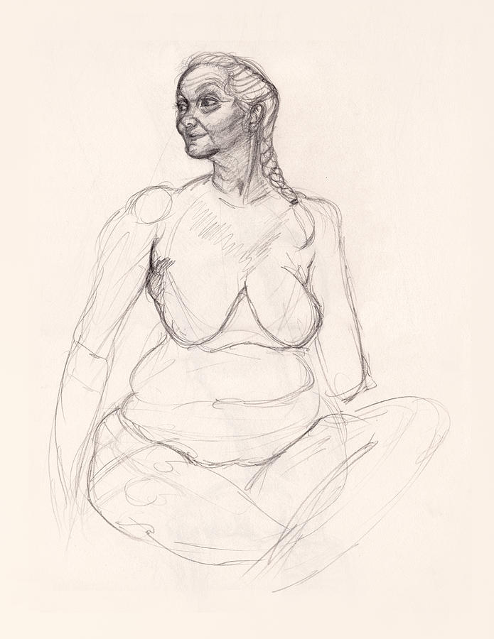 Charcoal Pencil Drawing Of Nude Woman Seated On Bench Front