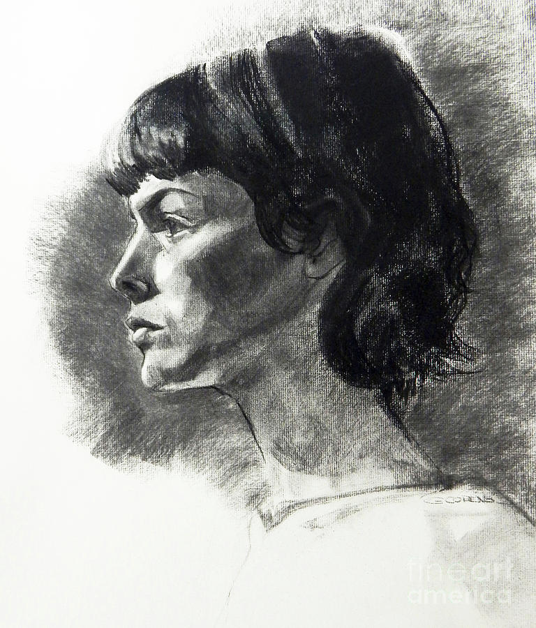 Charcoal Portrait of a Pensive Young Woman in Profile Drawing by Greta Corens