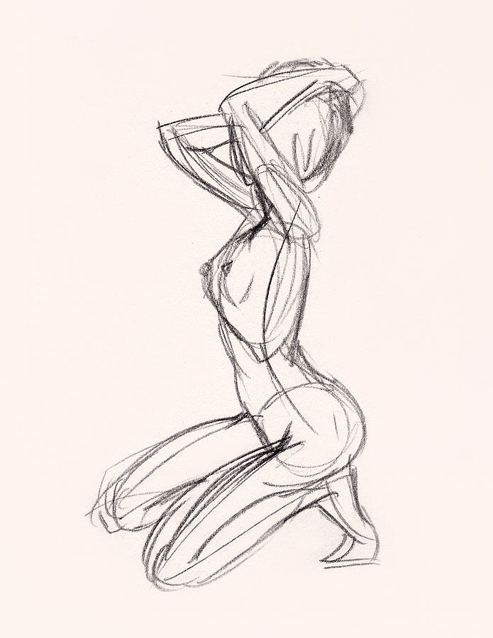 Charcoal Sketch Of Nude Woman Kneeling